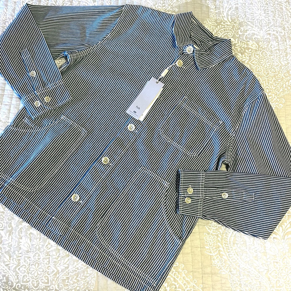 FOLK • Men’s Denim Stripe 3 Pocket 100% Cotton Chore Jacket Workwear Shirt
